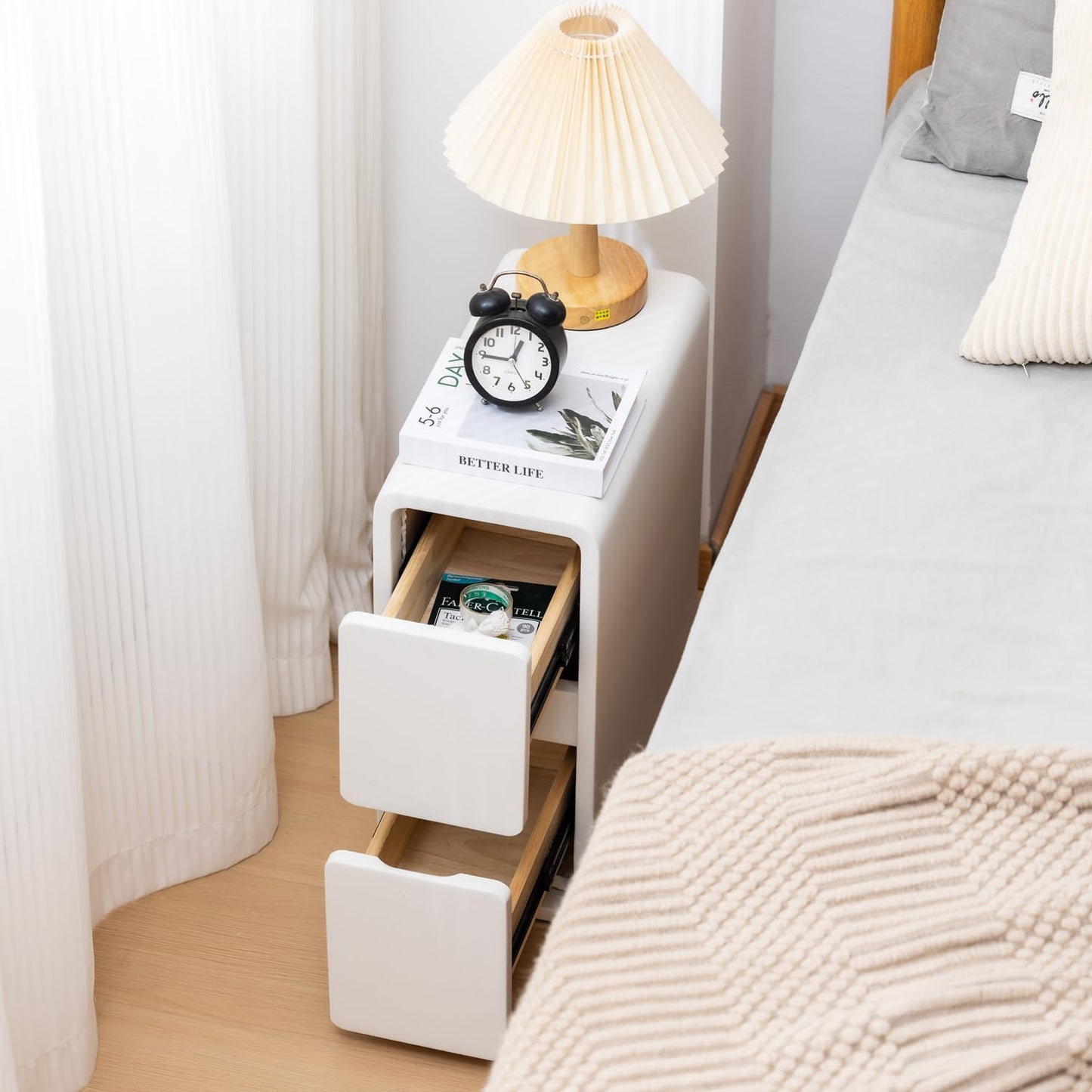 Narrow Nightstand, Solid Wood Night Stand, Slim Nightstands for Small Spaces, Couch, White Color 7.87in Wide