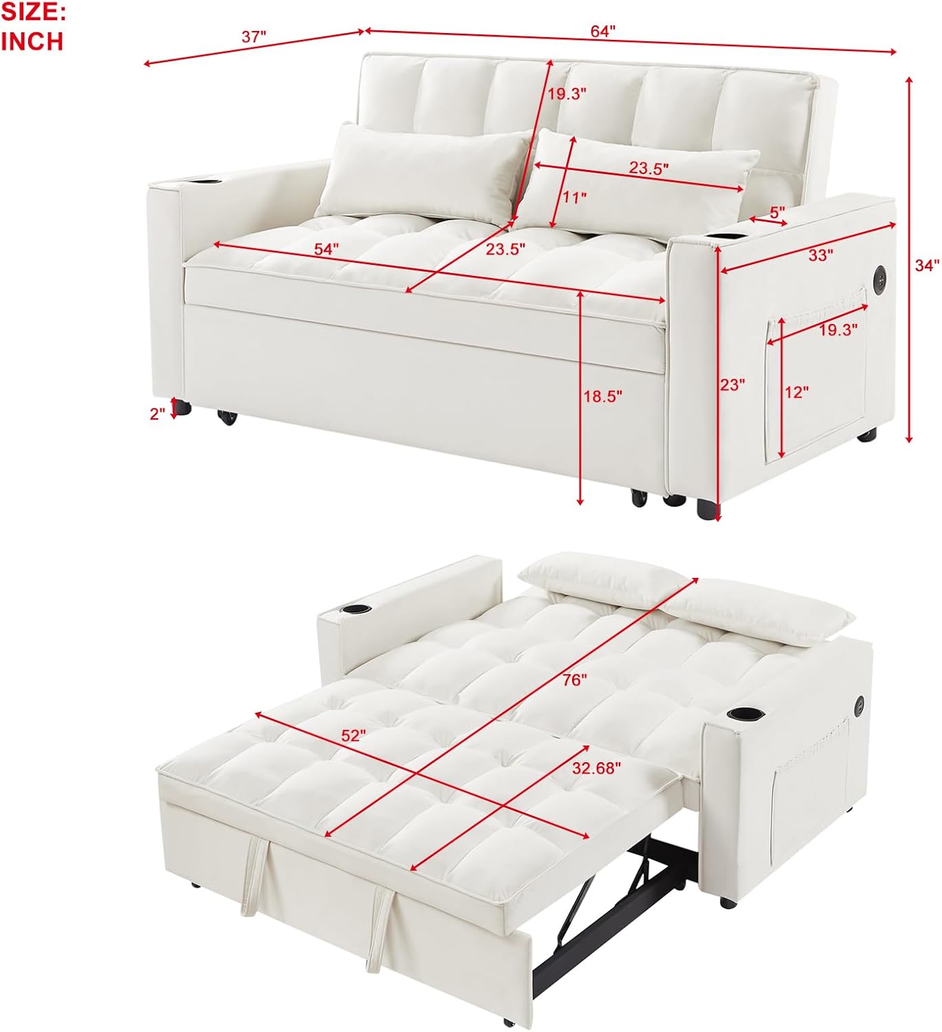 ERYE 64" W Full Size 3 in 1 Convertible Sleeper Sofabed W/Cupholders and USB Ports, Modern Velvet Upholstered Loveseat Sofa with Pull Out Sleep Couch Bed and Reclining Backrest for Home Apartment RV
