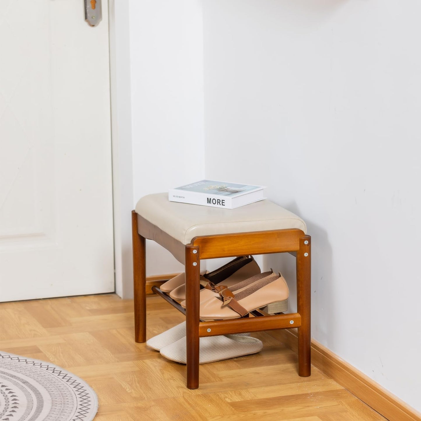 latifolia Small Shoe Bench, Solid Wood Bench with Cushion, 2 Tier Shoe Storage Organizer for Entryway(Walnut,17.71''L)