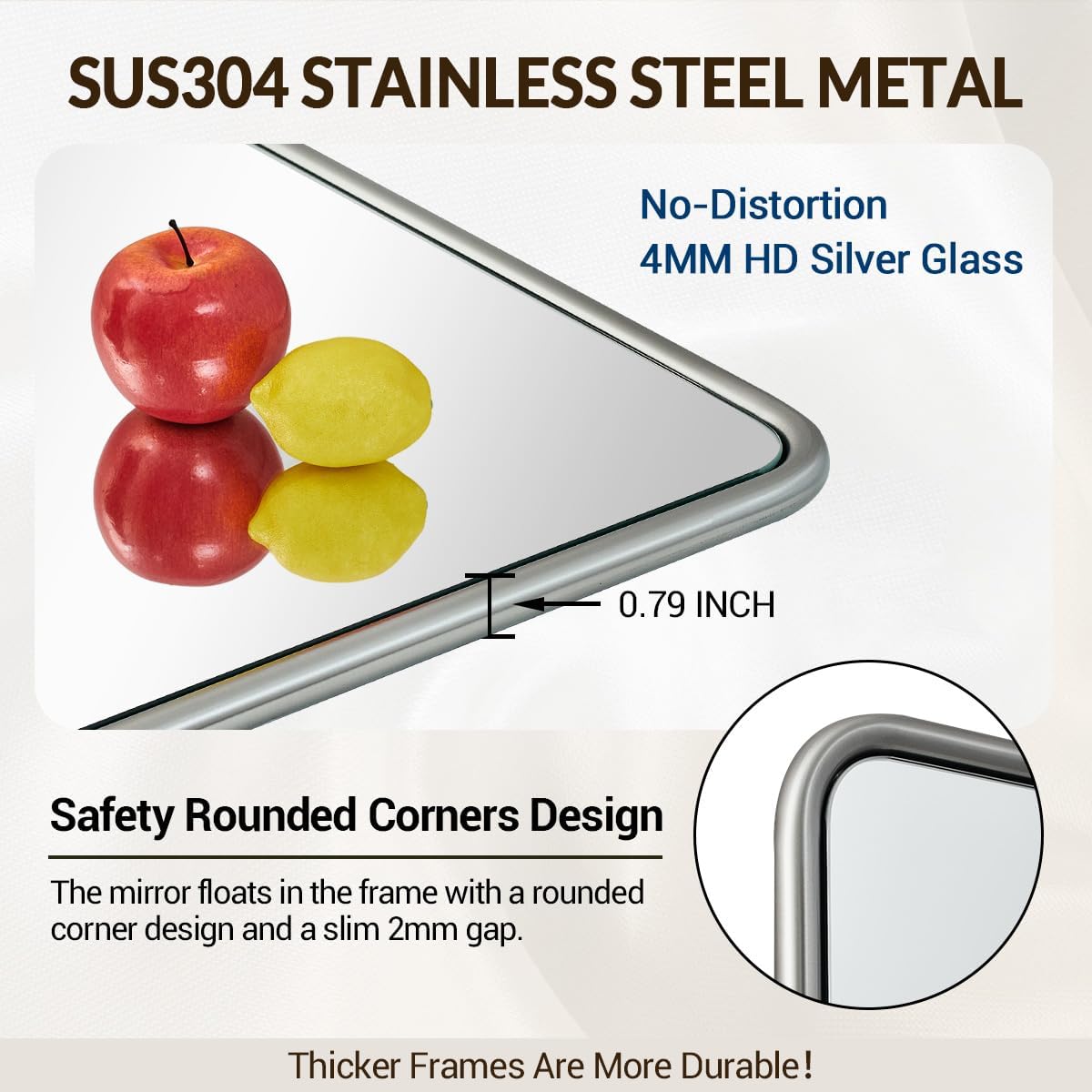 ANDY STAR 24x36 Brushed Nickel Bathroom Mirror, Stainless Steel Metal Frame with Rounded Corner Rectangle Bathroom Mirror for Over Sink, Modern Silver Mirror for Bathroom, Power Room, Living Room