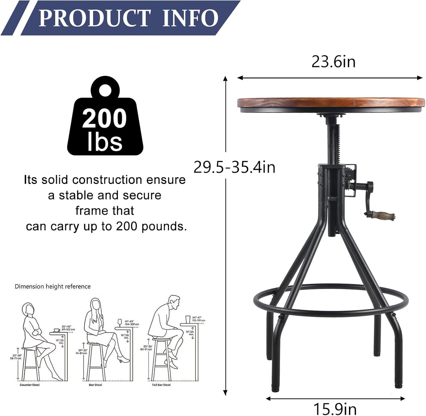 Diwhy Industrial Design Bar Table Height Adjustable with Handle Kitchen Dining Coffee Bistro Pub Table Black