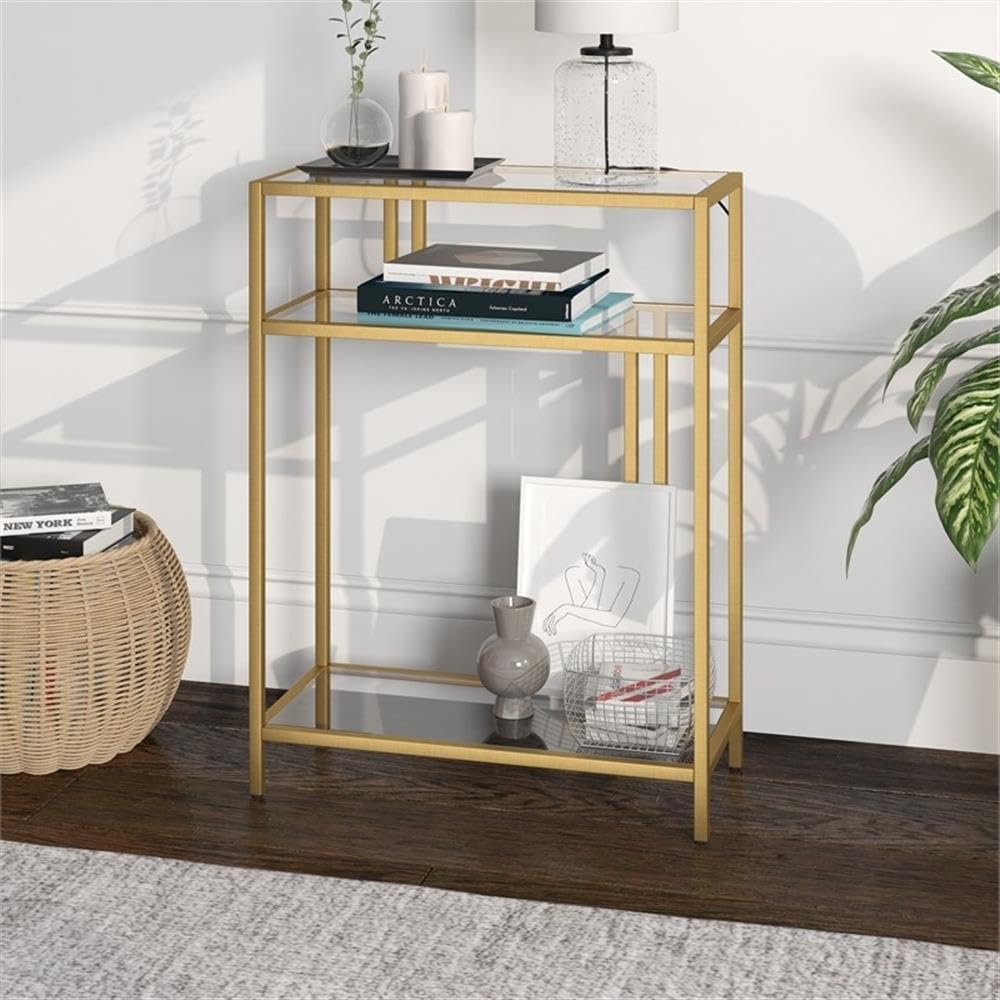 Henn&Hart 22" Wide Rectangular Console Table with Glass Shelves in Brass, Entryway Table, Accent Table for Living Room, Hallway