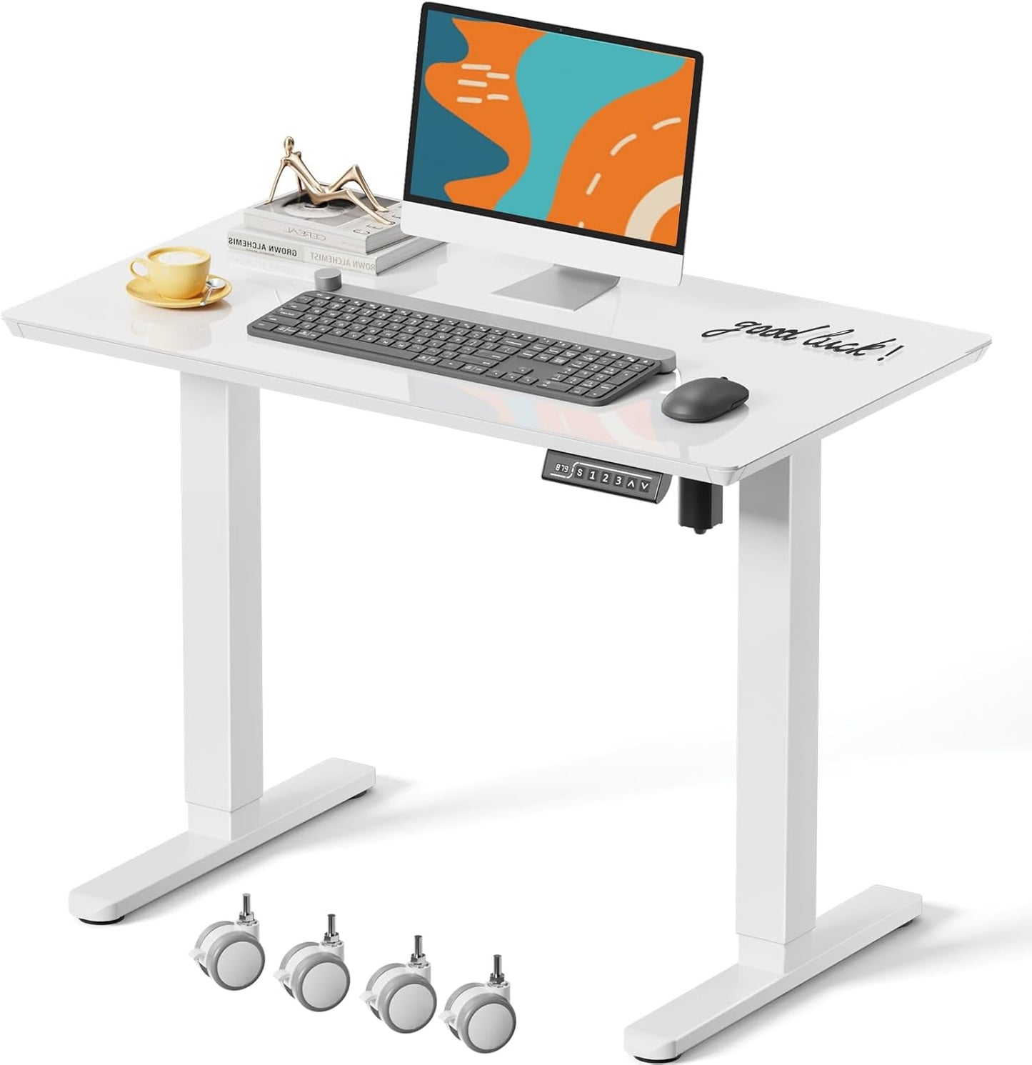 JOY worker Small Glass Standing Desk, 35" x 20" Electric Whole Piece Height Adjustable Desk with 4 Lockable Casters, Mobile White Sit to Stand Workstation for Home Office