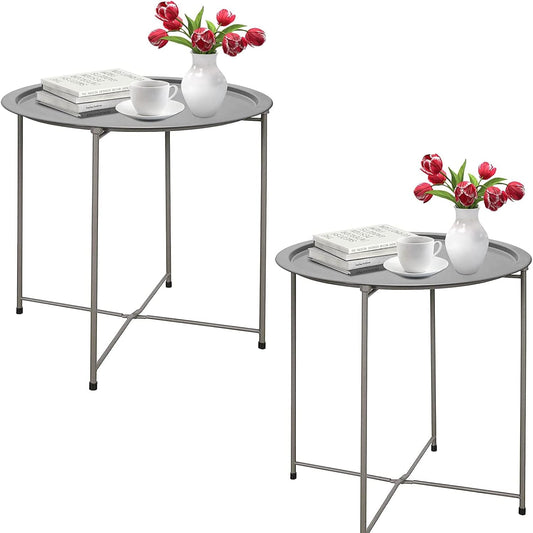 Garden 4 you Folding Tray Metal Side Table 2PC Grey Round End Table Cyan Sofa Small Accent Fold-able Table, Round End Table Tray, Next to Sofa Table, Snack Table for Living Room and Bed Room