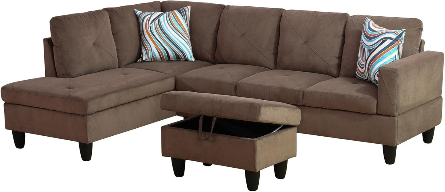 L Shaped Couch Modern Sectional Couch Upholstered Sackcloth Fabric 3 Pieces Sofas for Living Room with Chaise, Storage Ottoman for Office and Small Apartment, Brown