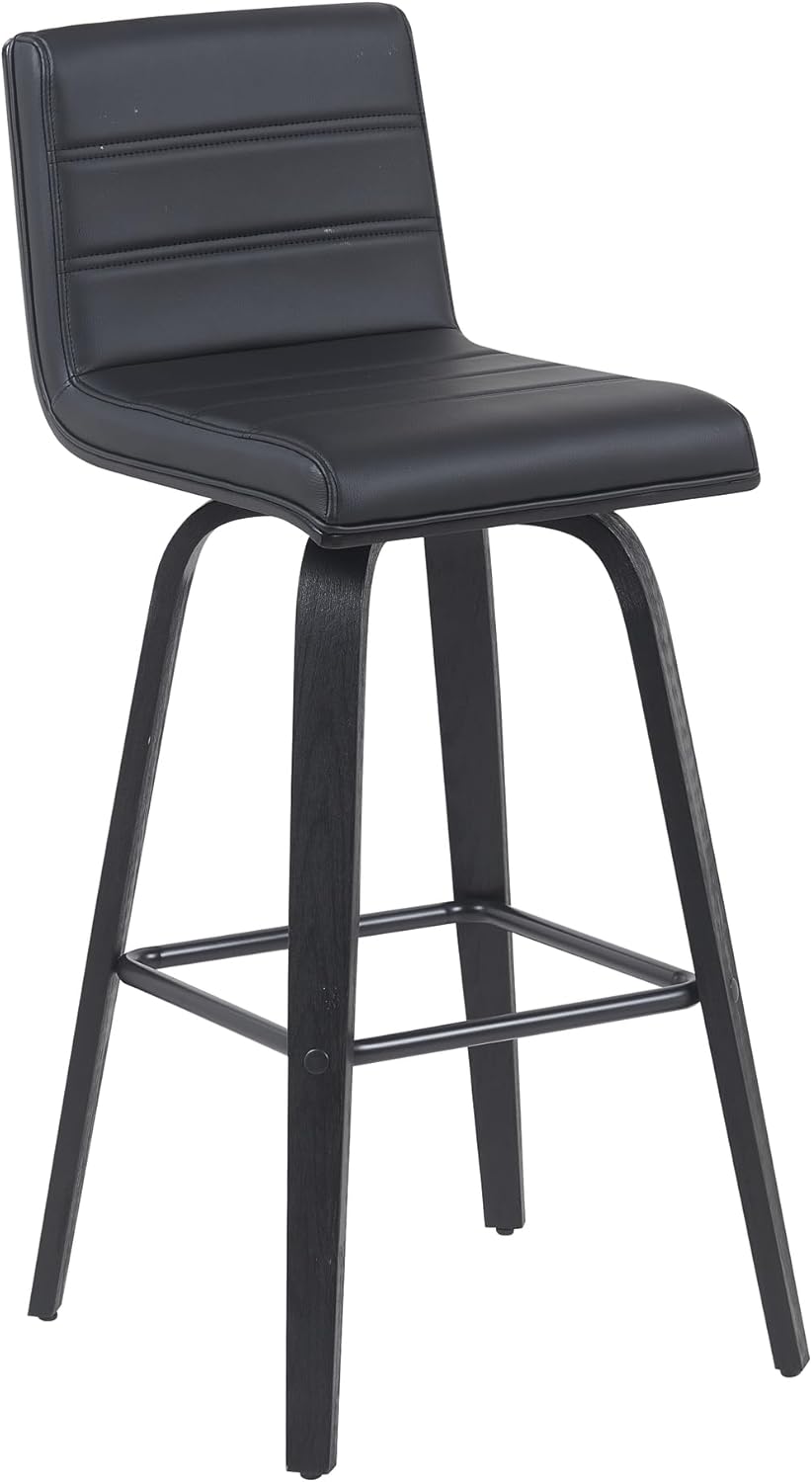 Armen Living Vienna Modern Swivel 30" Bar Height Barstool with Black Faux Leather and Black Wood Finish