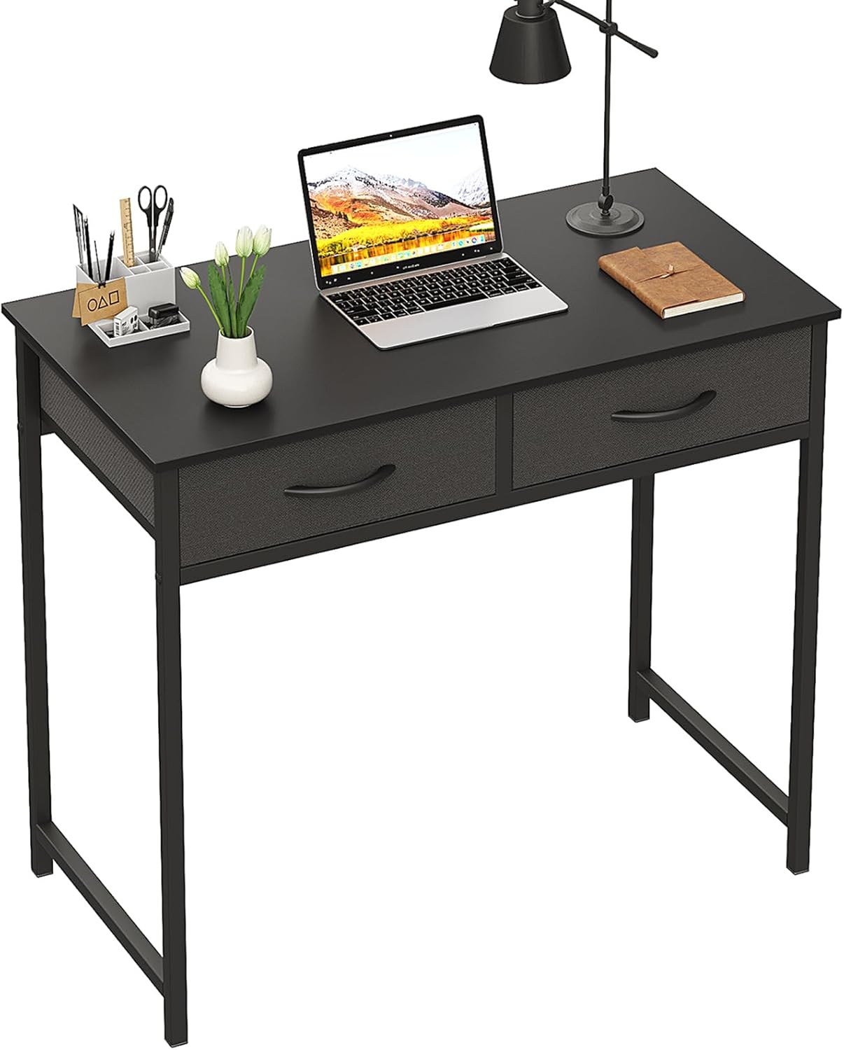 WOHOMO Small Computer Desk with Drawers, 31.5 Inch Black Vanity Desk with Storage, Home Office Computer Desk for Small Spaces, Modern Work Writing Study Table, Black