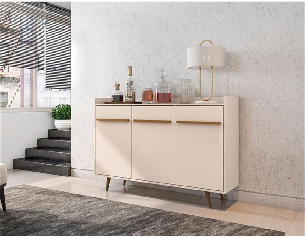 Manhattan Comfort Bradley Buffet Cabinet with Storage, Mid Century Modern Sideboard with 4 Shelves and Soft Close Doors, TV Stand Media Console for up to 50" Screens, 53.54" Long, Off White