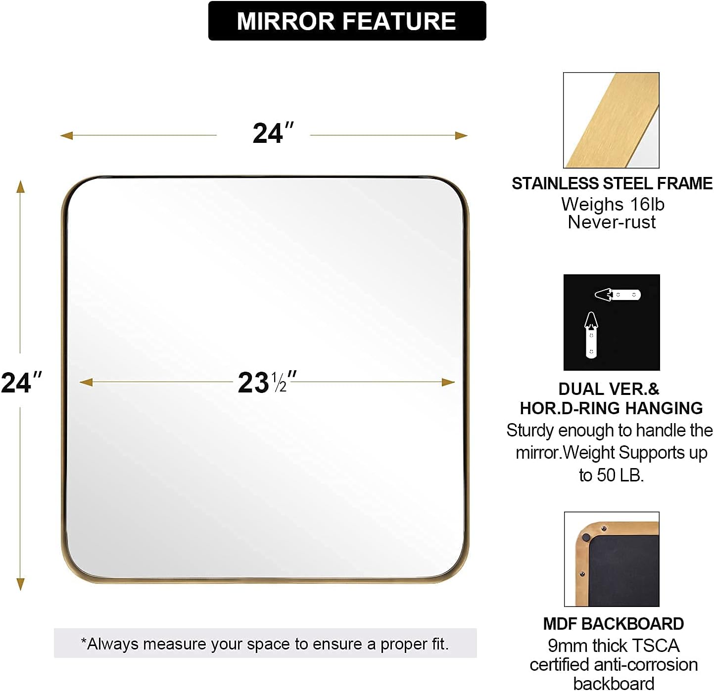 ANDY STAR Square Wall Mirror for Bathroom, 24”x24” Brushed Gold Bathroom Mirror, Rounded Corner Metal Mirror in Premium Stainless Steel Frame Hangs Horizontal Or Vertical（No Rose Gold）