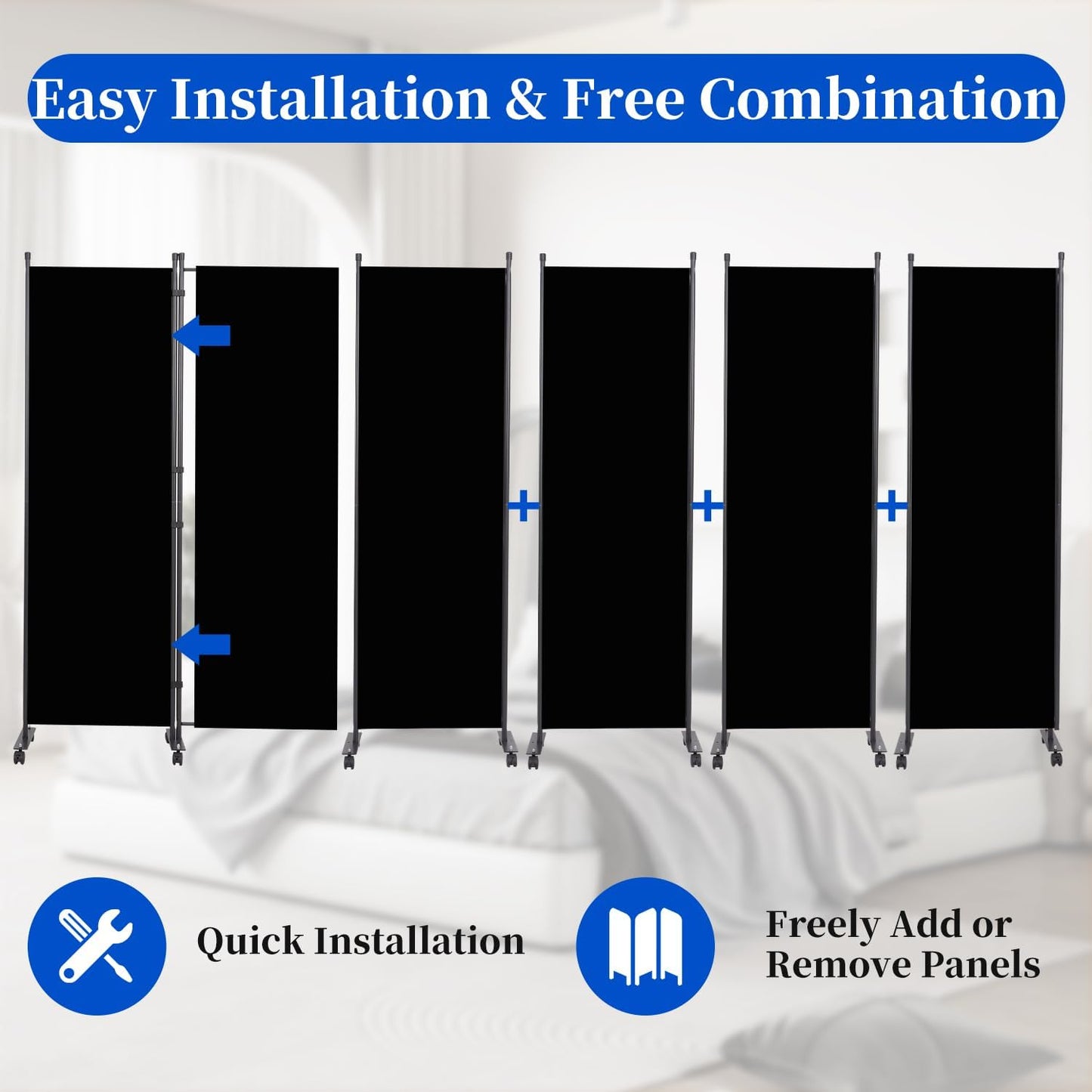 Room Divider 6FT Room Partition with Lockable Wheels, 6 Panel (Thicked Metal Base) Room Dividers, Freestanding Indoor Folding Privacy Screens, Portable Fabric Wall Divider for Room Separation, Black