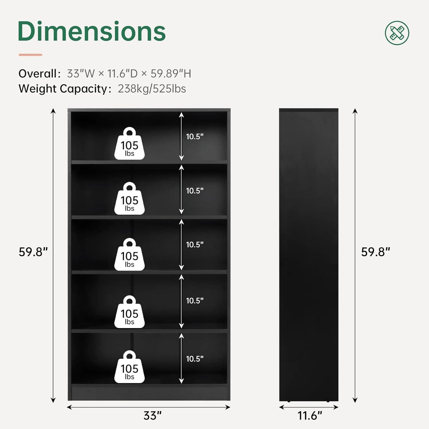 NicBex 59.8“ Heavy Dute Wood Bookcase with Adjustable Shelves, Modern Manga Bookshelf for Living Room, Office, Small Spaces, Manga and Book Shelves Storage, Tip-Over Resistant, 33" Wide Black