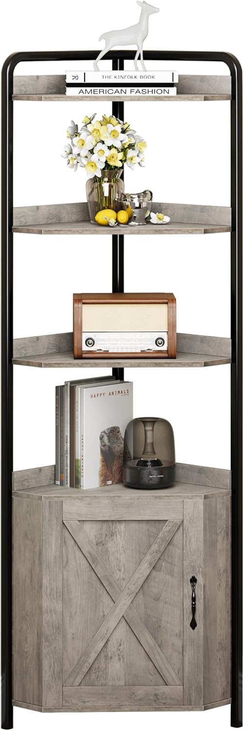 IDEALHOUSE 70.9 Inch Corner Cabinet 5-Tier Tall Corner Cabinet Farmhouse Bookshelves Rustic Storage Rack Industrial Bookcase Plant Stand for Living Room, Bedroom, Home Office, Kitchen