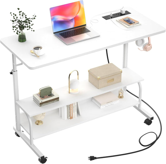Armocity Height Adjustable Standing Desk with Power Outlets, 39" Manual Stand Up Desk with Storage Shelves Small Mobile Rolling Computer Desk Portable Laptop Table with Wheels for Home Office, White