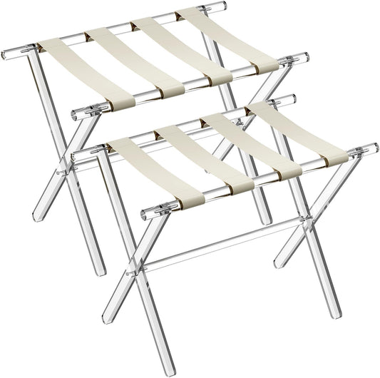 Sumerflos Acrylic Luggage Rack for Guest Room - Foldable Suitcase Stand with Leather Straps for Bedroom Living Room Hotel Heavy-Duty, Holds up to 50-100 lb lightweight Space Saving (Beige & Handle - 2 Pcs)