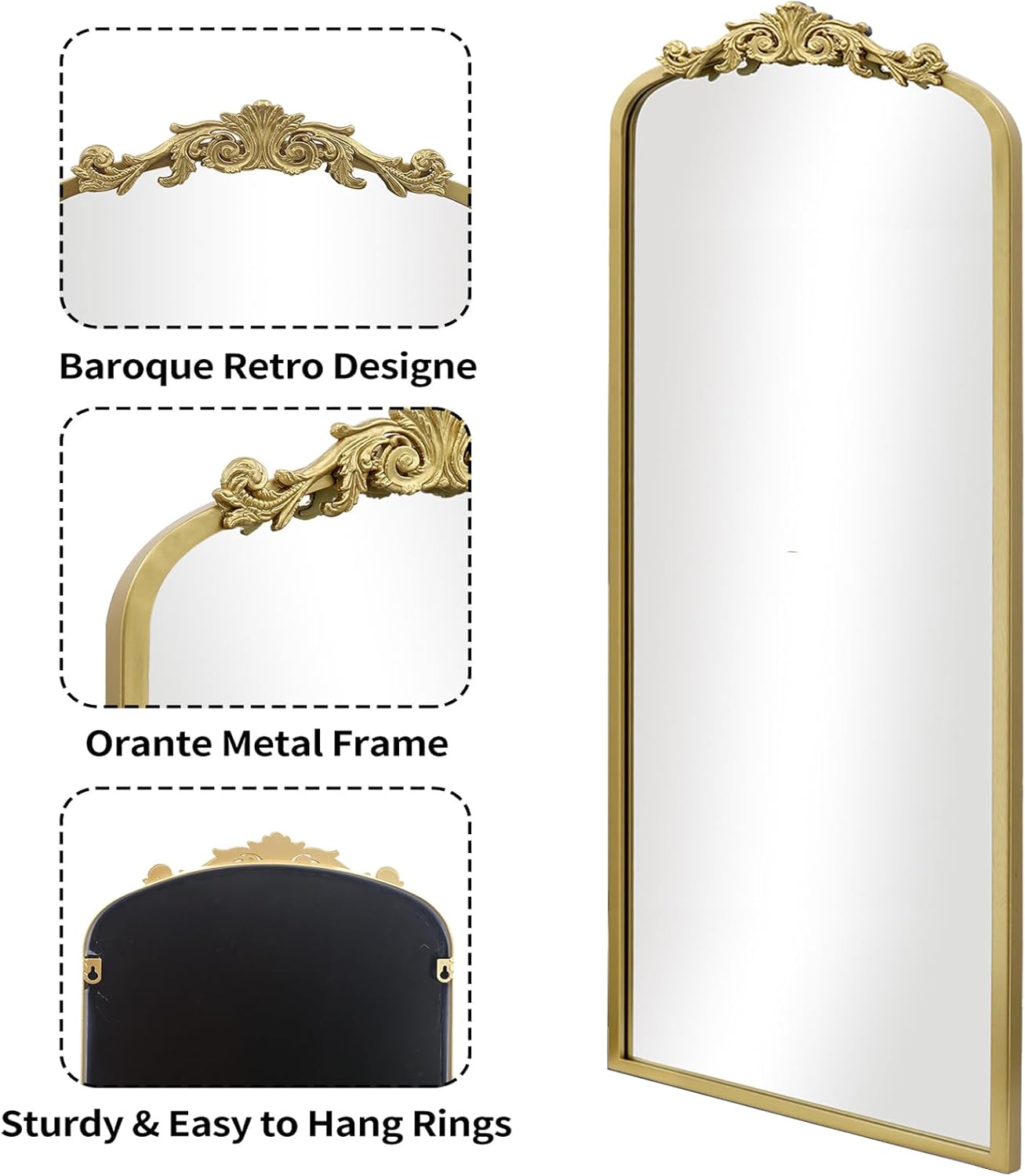 AIXI HOME Arched Gold Antique Full Length Mirror, 22"x65" Traditional Elegant Vintage Floor Body Mirror with Ornate Matel Frame, Baroque Inspired Home Decor for Bedroom/Living Room/Hallway