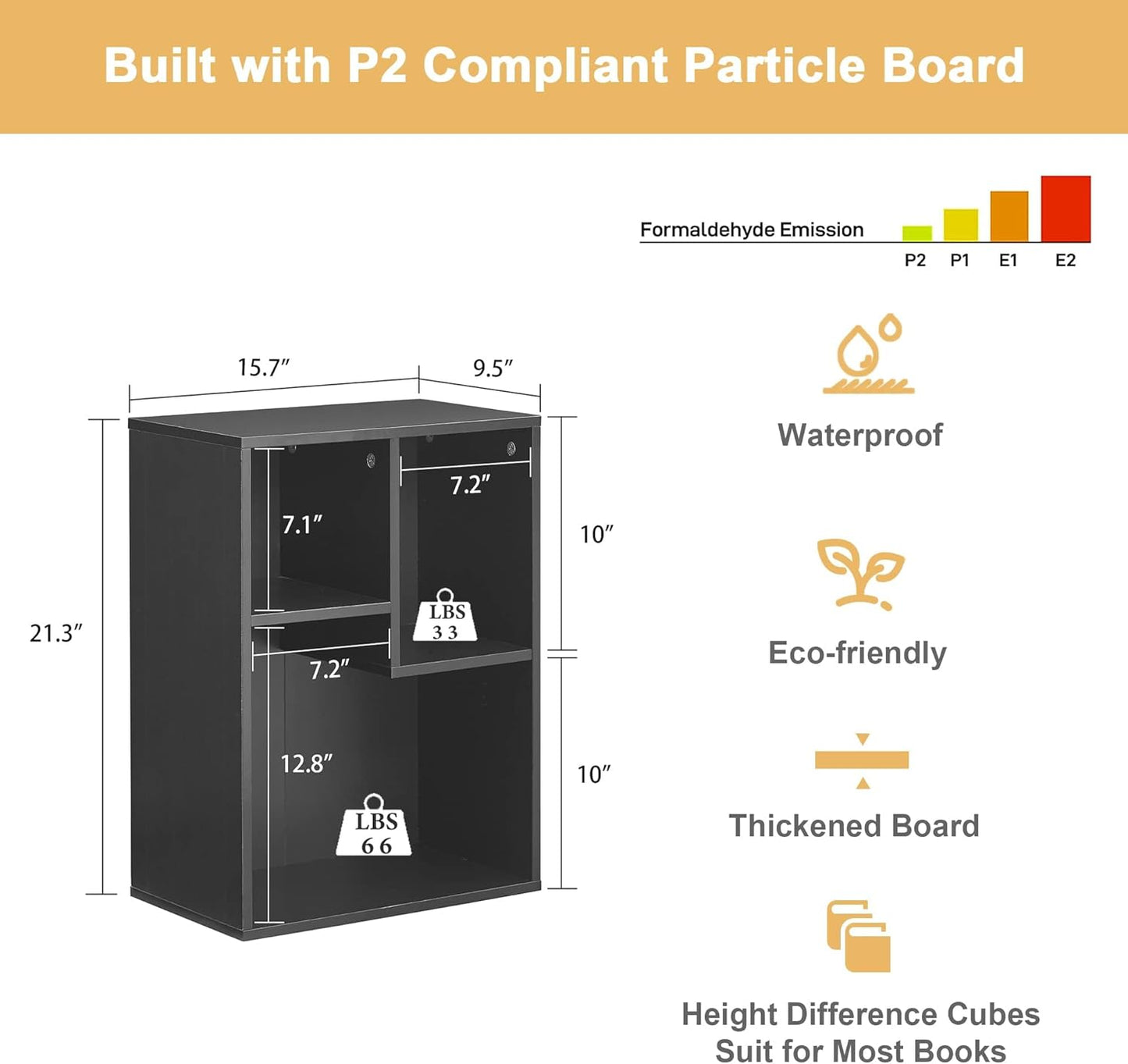 VECELO 3-Cube Bookshelf, Fits Tallest Hardcovers, Horizontal Available, Modern Bookcase, Cubby Storage Organizer for Small Space, Bedroom, Living Room,Black