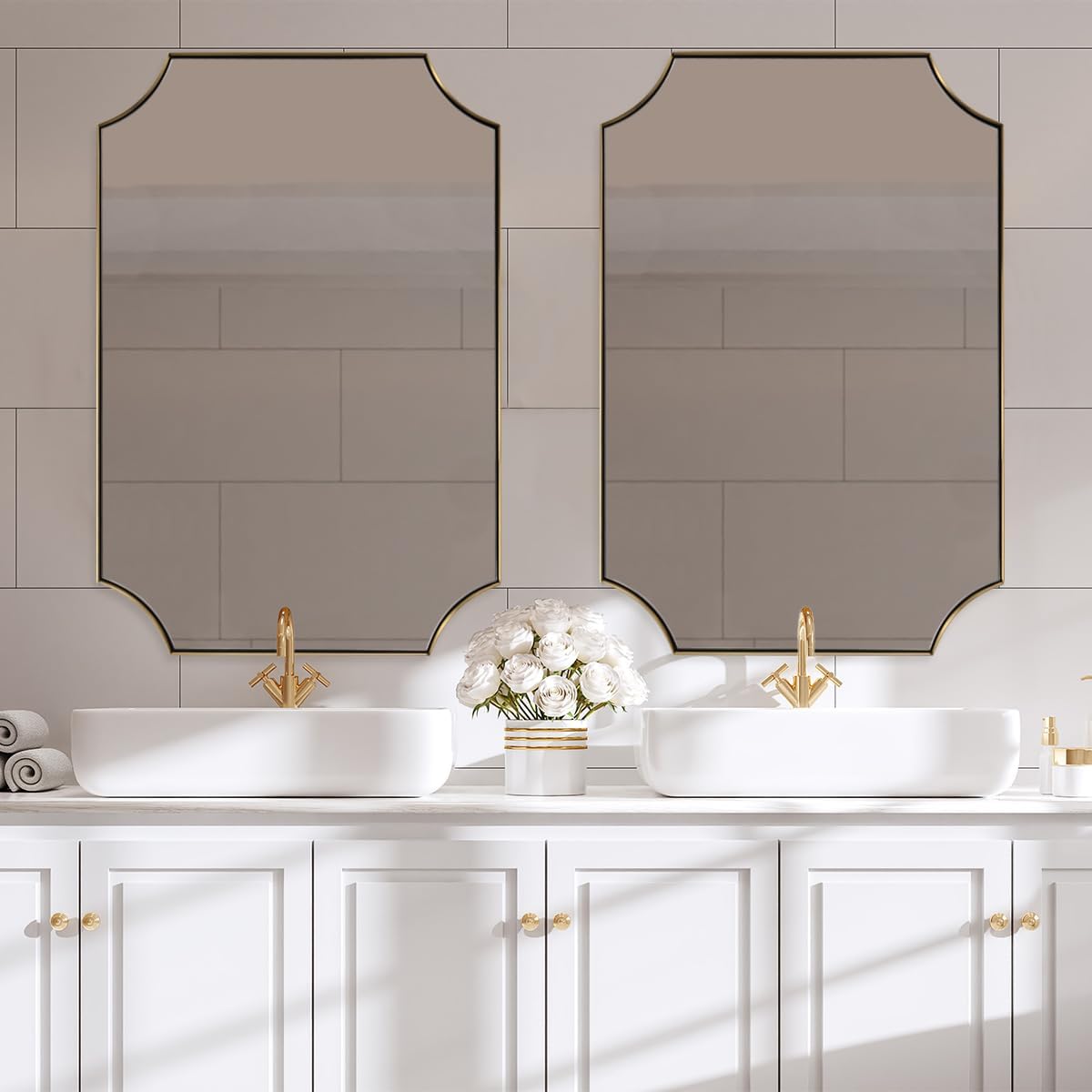 ANDY STAR Brushed Gold Rectangle Mirror, 24x36 Inch Scalloped Bathroom Mirror, Unique Rectangular Mirror with Scalloped Design, Anti-Rust Stainless Steel Frame Deep 1"