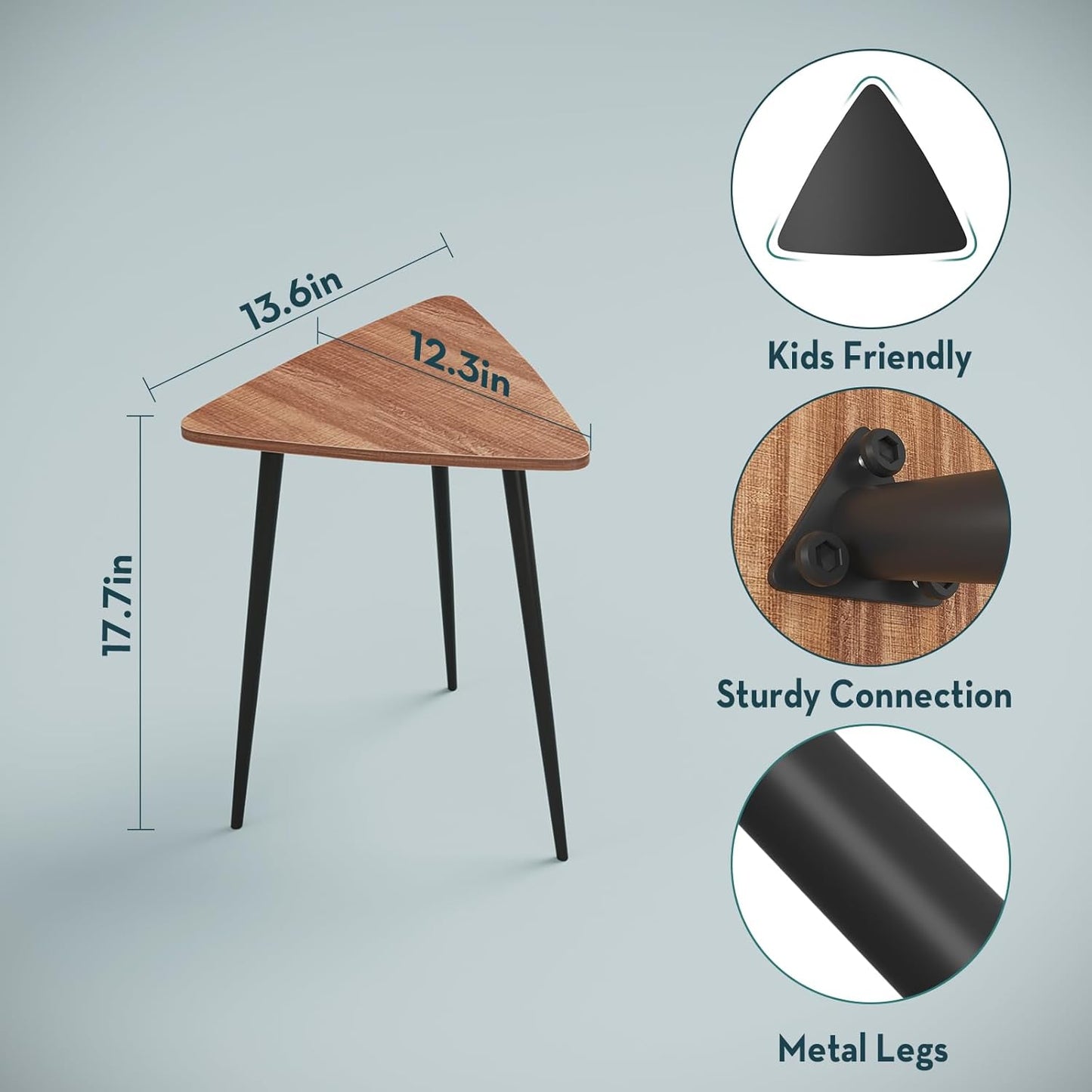 SAYGOER Small Triangle Side Table, Mid Century Modern Walnut End Table, Unique Night Stand Bedside Table Retro Accent Sofa Table for Living Room Bedroom,Medal Black Frame 13.5" W x 12.3" D x 17.7" H