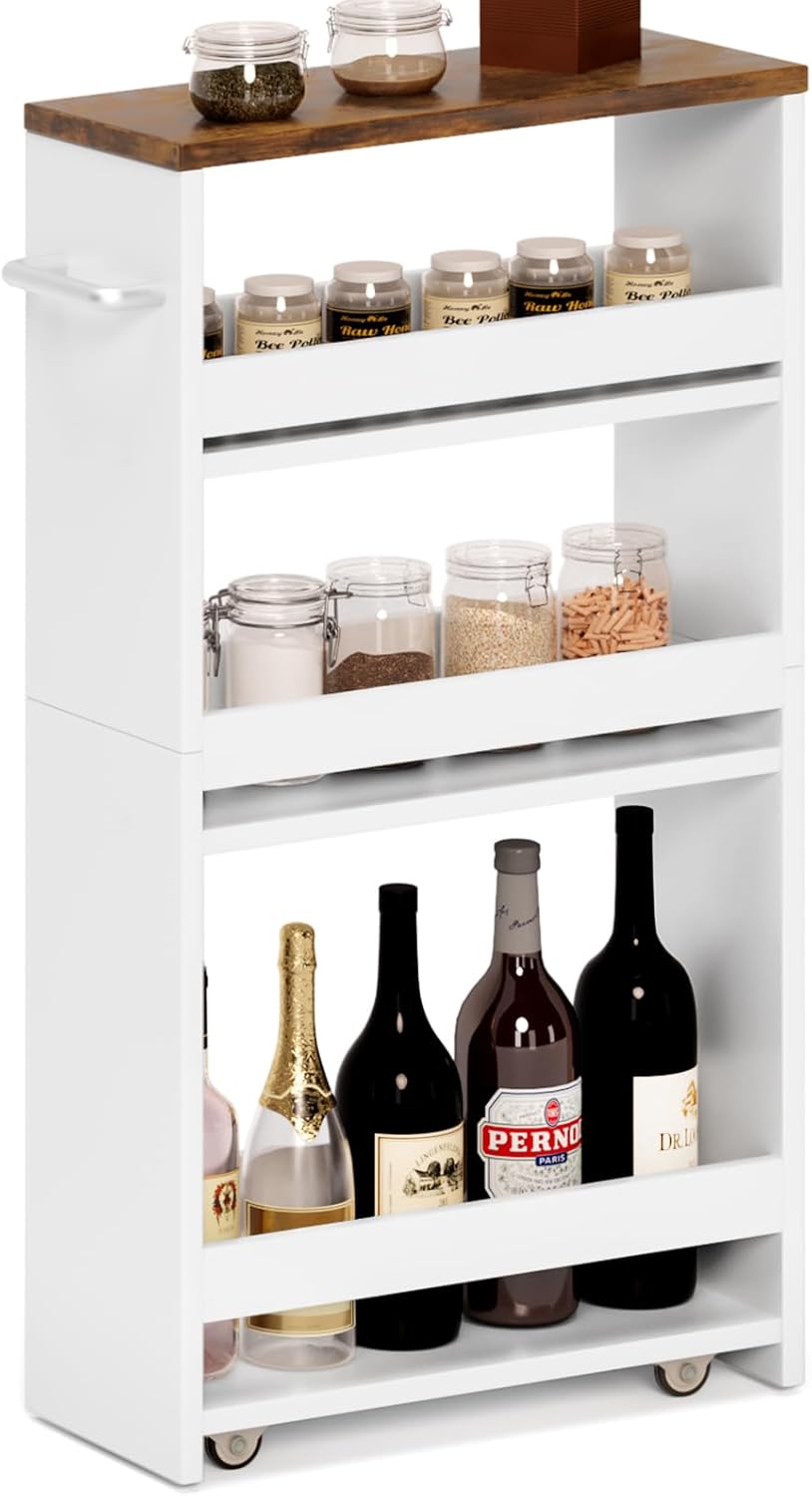 MARTY Rolling Storage Cart 4-Tier White Kitchen Cart with Wheels,Slim Storage Cart with Handle Slide Out Utility Cart Shelving Unit Organizer Trolley for Laundry Narrow Places Bathroom Small Corner