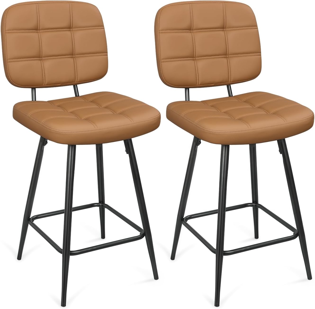 Bar Stools Set of 2, 24 Inch Upholstered Metal Barstool with Back and Footrest, Bar Chair with Metal Base for Dining Room Counter Island, Brown