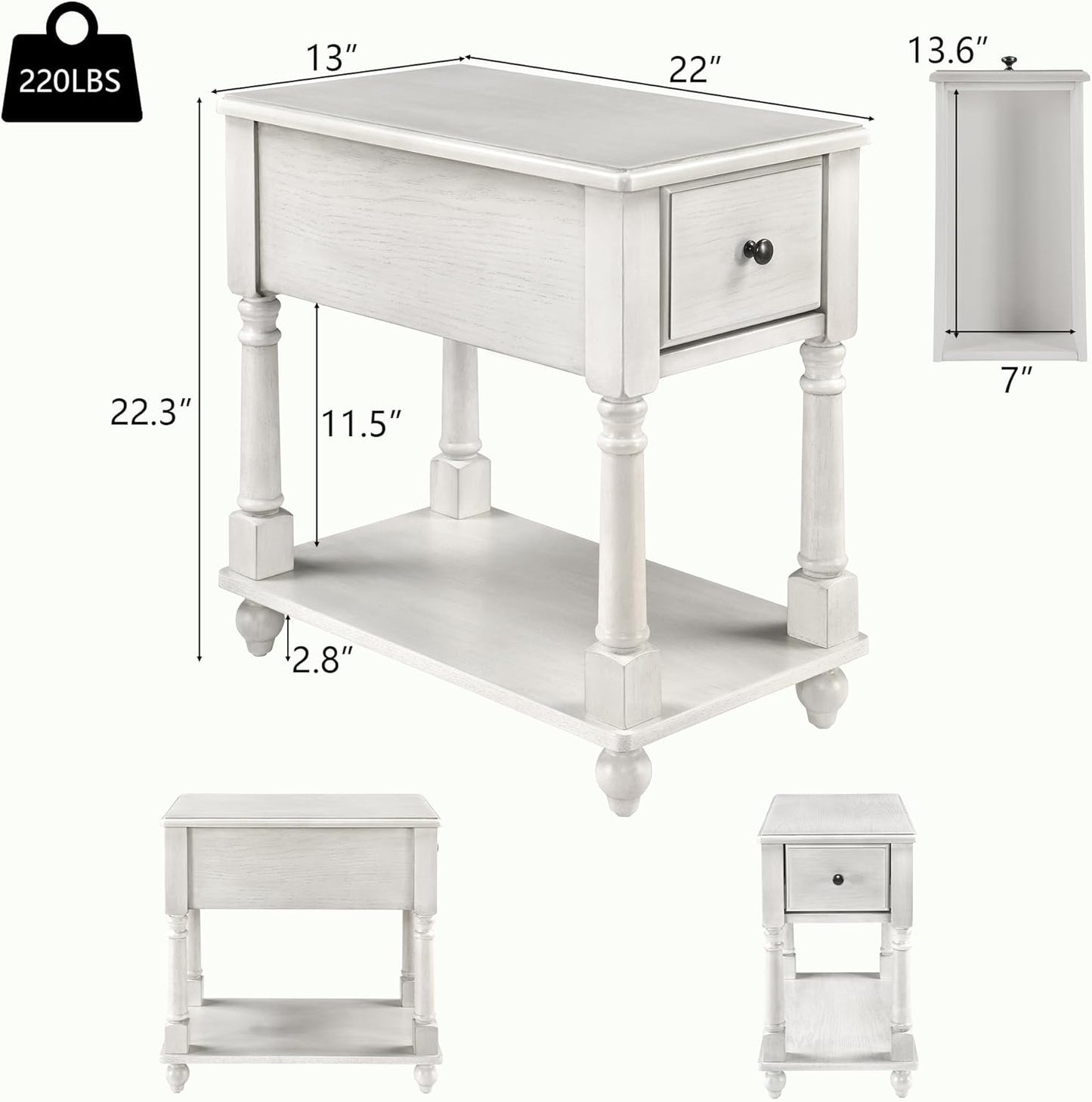 Narrow End Table with Drawer and Open Storage Shelf, Solid Wood Sofa Side Table for Living Room, Beside Table,Telephone Table for Small Spaces,No-Tools Assembly Vintage White BBJ004RW