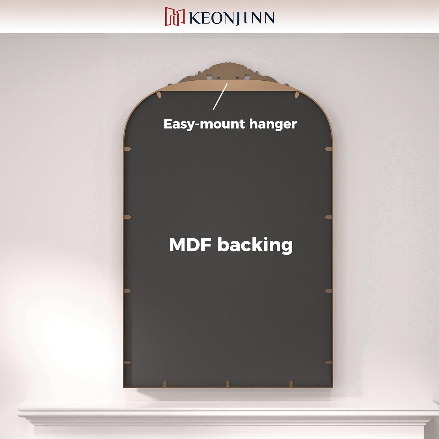 Keonjinn Vintage Mirror Gold 24" x 36", Arched Decorative Mirrors for Wall Decor, Antique Mirrors Bathroom, Ornate Baroque Brass Mirror for Mantle, Entryway, Living Room, French Cleat Mounting