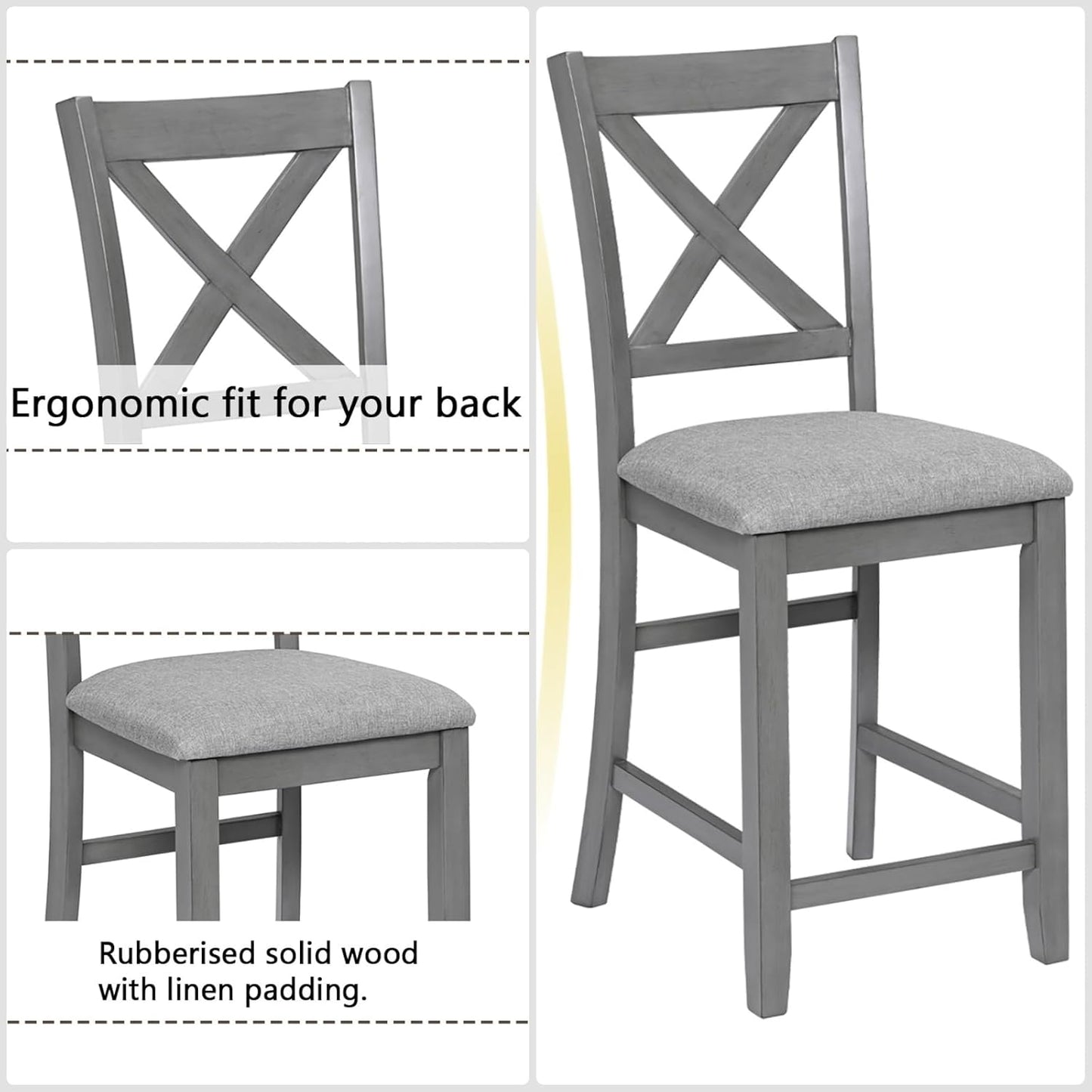 Dining Table Set for 4, Modern 5 Piece Dining Room Table Set with Square Table & 4 X-Shaped Backrest Upholstered Chairs, Counter Height Kitchen Chairs Set for Small Space, Gray