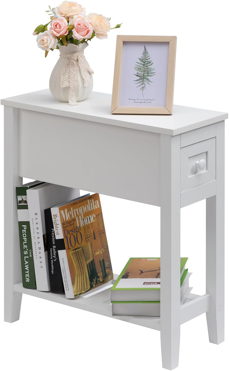 Narrow Side Table for Small Spaces, White, Set of 1, 24" L x 8.5" W x 24" H