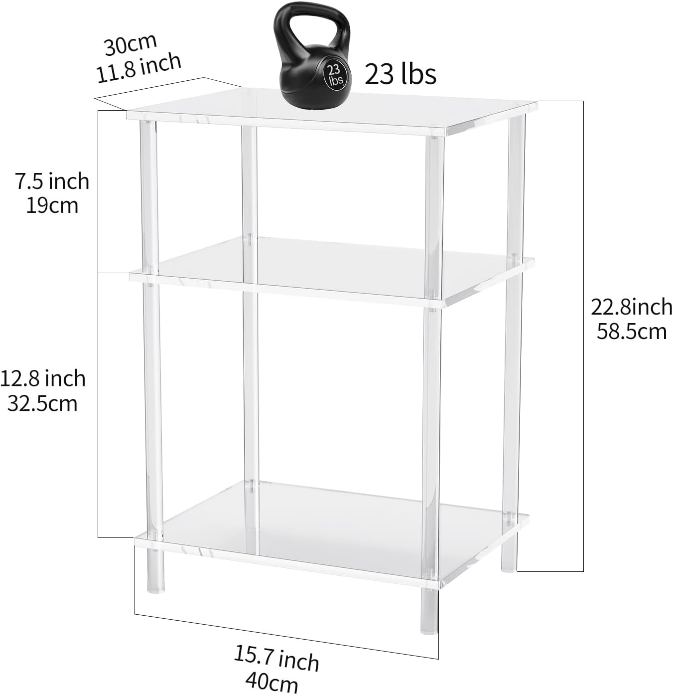 Acrylic Side Table Clear 3-Tier End Table for Living Room, Office, Hallway, Bedroom Small Bedside Table