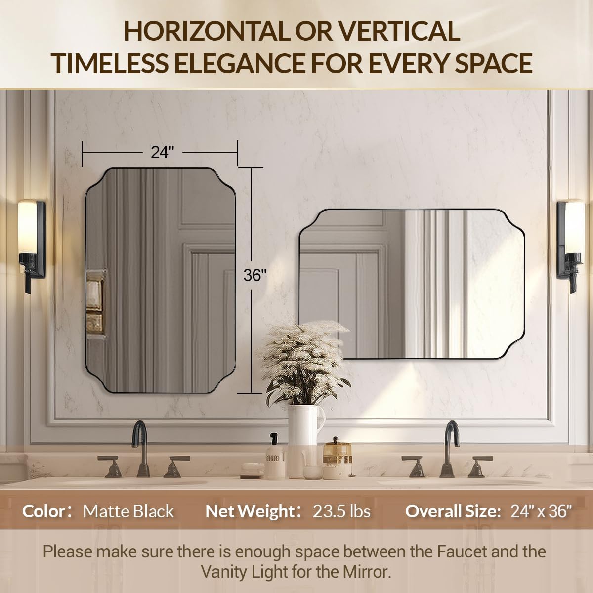 Black Wall Mirror, 24"x36" Black Scalloped Mirror, Unique Curved Edge Design, Anti-Rust SUS304 Frame, Hangs Vertical or Horizontal