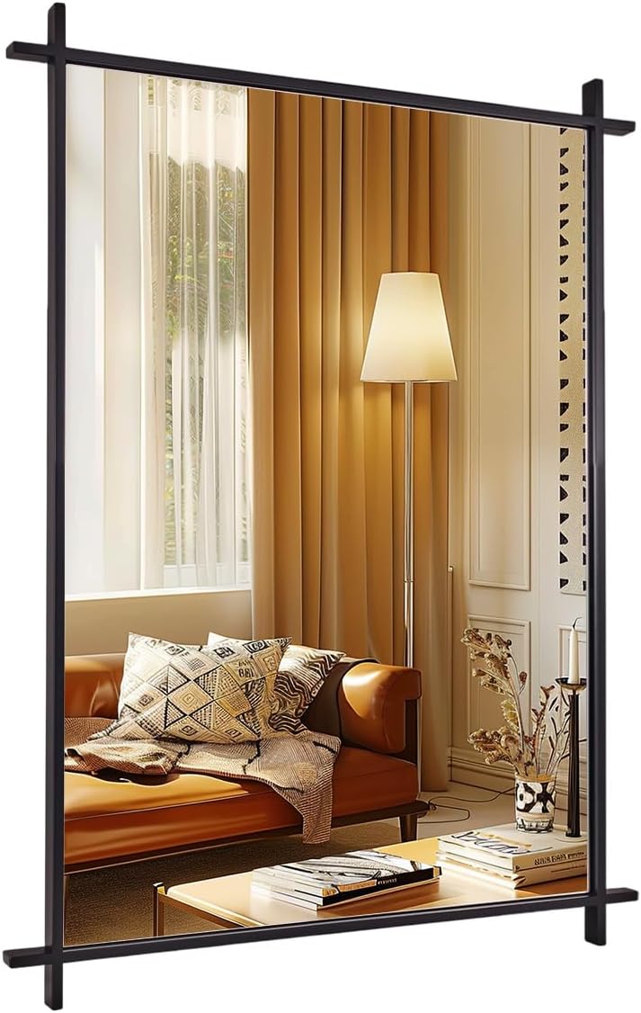 Andy Star 30x40 Inch Black Bathroom Vanity Mirror, Large Vintage Cross Corner Mirror Unique Industrial Minimalist for Home Decor in 1’’ Stainless Steel Metal Frame Wall Mounted Vertical/Horizontal