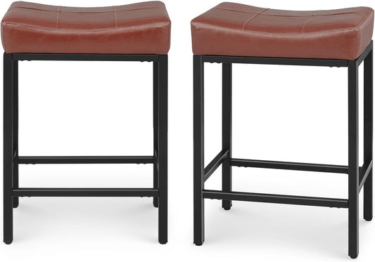 Athena Collection Counter Height Bar Stools Set of 2, 26 Inches Saddle Bar Stools with Leather Upholstered and Metal Legs, Backless Barstools for Counter, Kitchen Island, Dining Room, Mocha