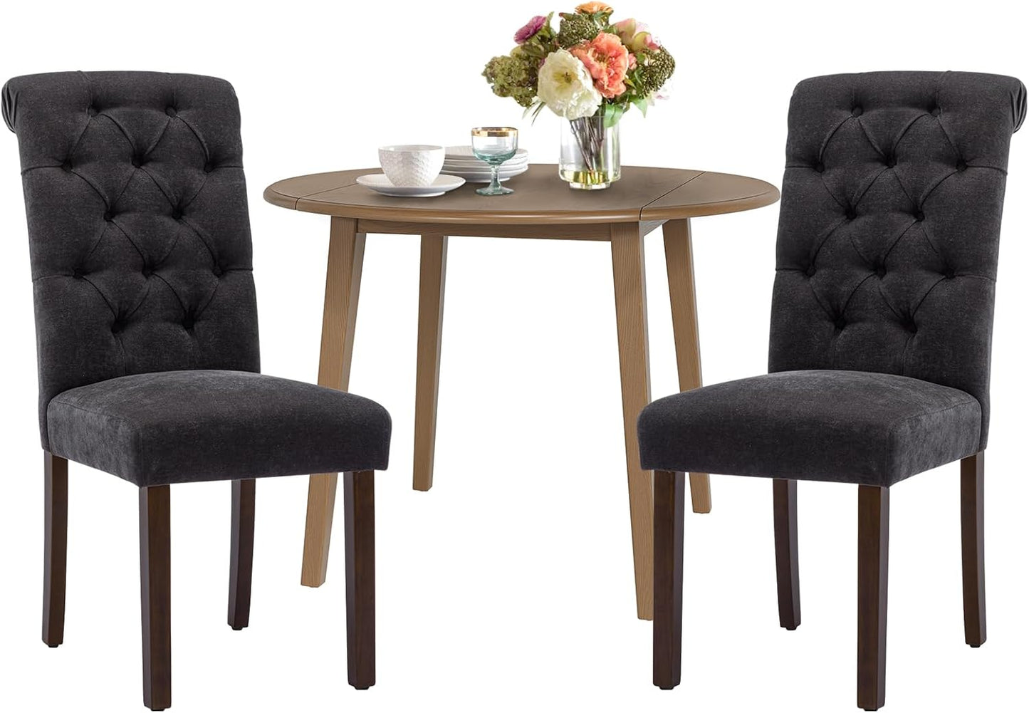 COLAMY 3-Piece Extendable Dining Table Set for 2, 36" Kitchen Round Wood Table with 2 Tufted Dining Room Chairs,Light Brown/Black