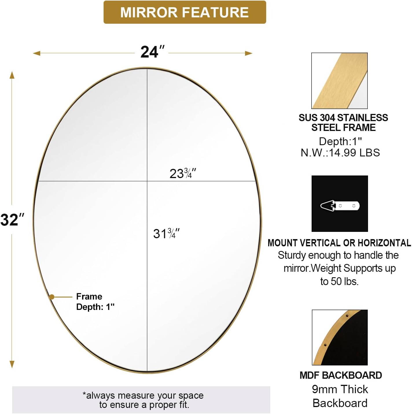 ANDY STAR Gold Oval Mirrors for Bathroom, 24x32 Inch Brushed Gold Stainless Steel Metal Framed Oval Wall Mirror, Modern Brass Vanity Mirror Pill Shaped Mirror