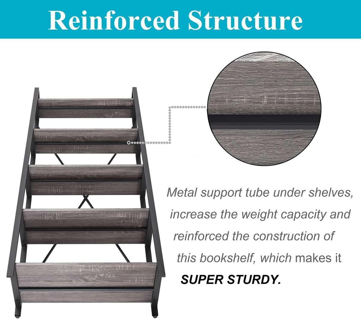 BON AUGURE 5-Tier Ladder Shelf, Industrial Leaning Bookcase, Wood and Metal Ladder Bookshelf for Living Room, Bedroom, Kitchen, Home Office (Grey Oak)