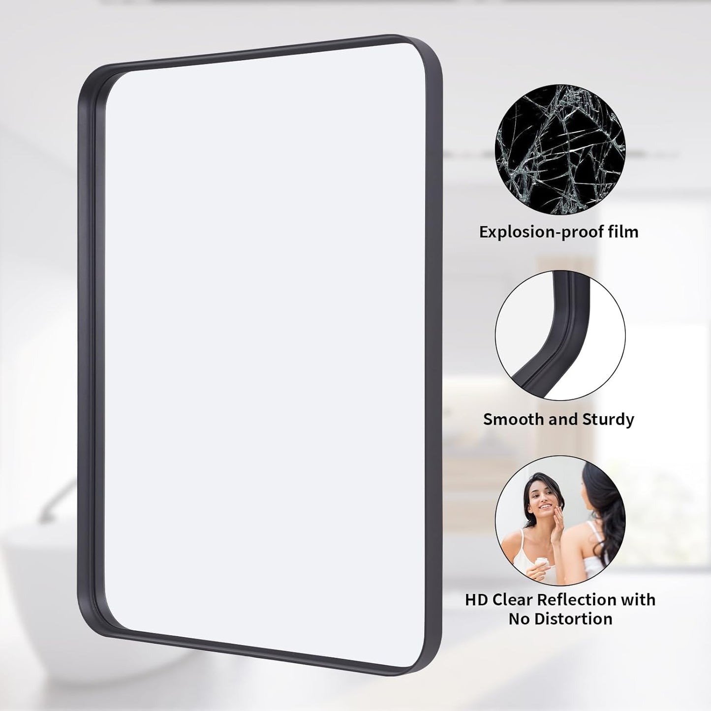 Bathroom Mirror 24x36 inch, Black Gorgeous Deep Frame Wall Mirror, Modern Round Corner Bathroom Vanity Mirror for Bedroom, Living Room, Hanging or Leaning Horizontal or Vertical, Black