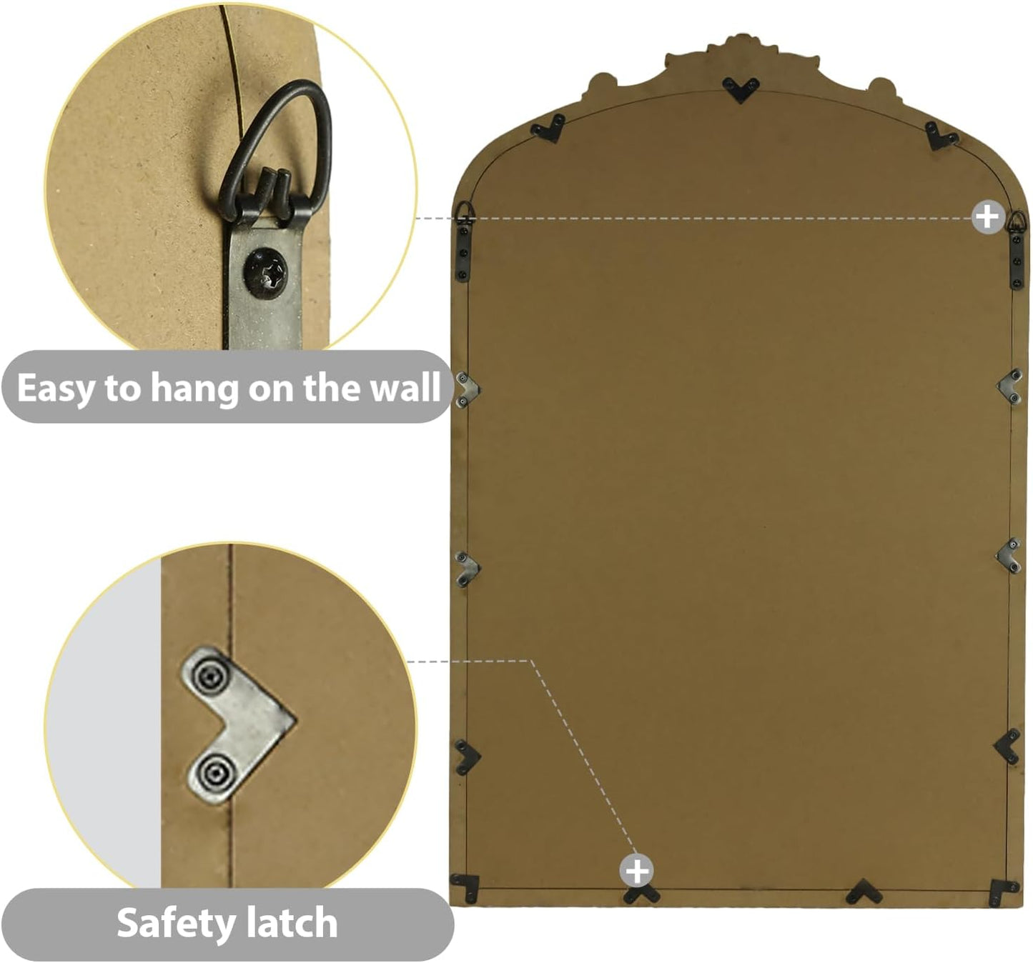 Gold Vintage Mirror, Arched Antique Mirror with Ornate Frame for Bathroom Wall, Living Room, Fireplace, 39.5x26 Inch.