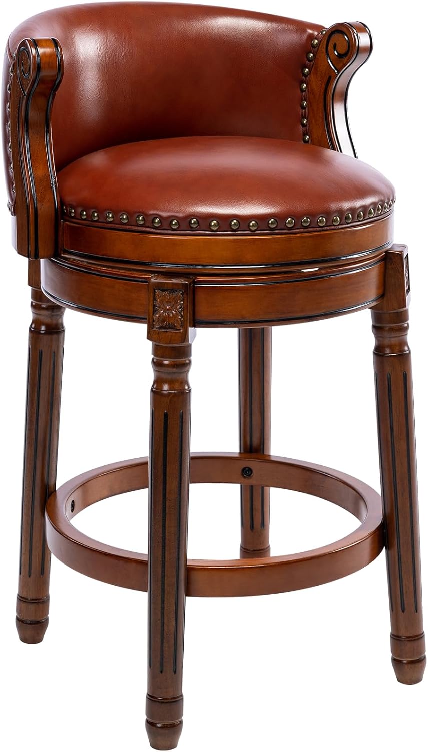 Cow top Leather Wooden Bar Stools, 26" Counter Height Bar Chair with Back, 180 Degrees Swivel Barstools Chair for Home Kitchen Counter,Dining Room, Restaurant