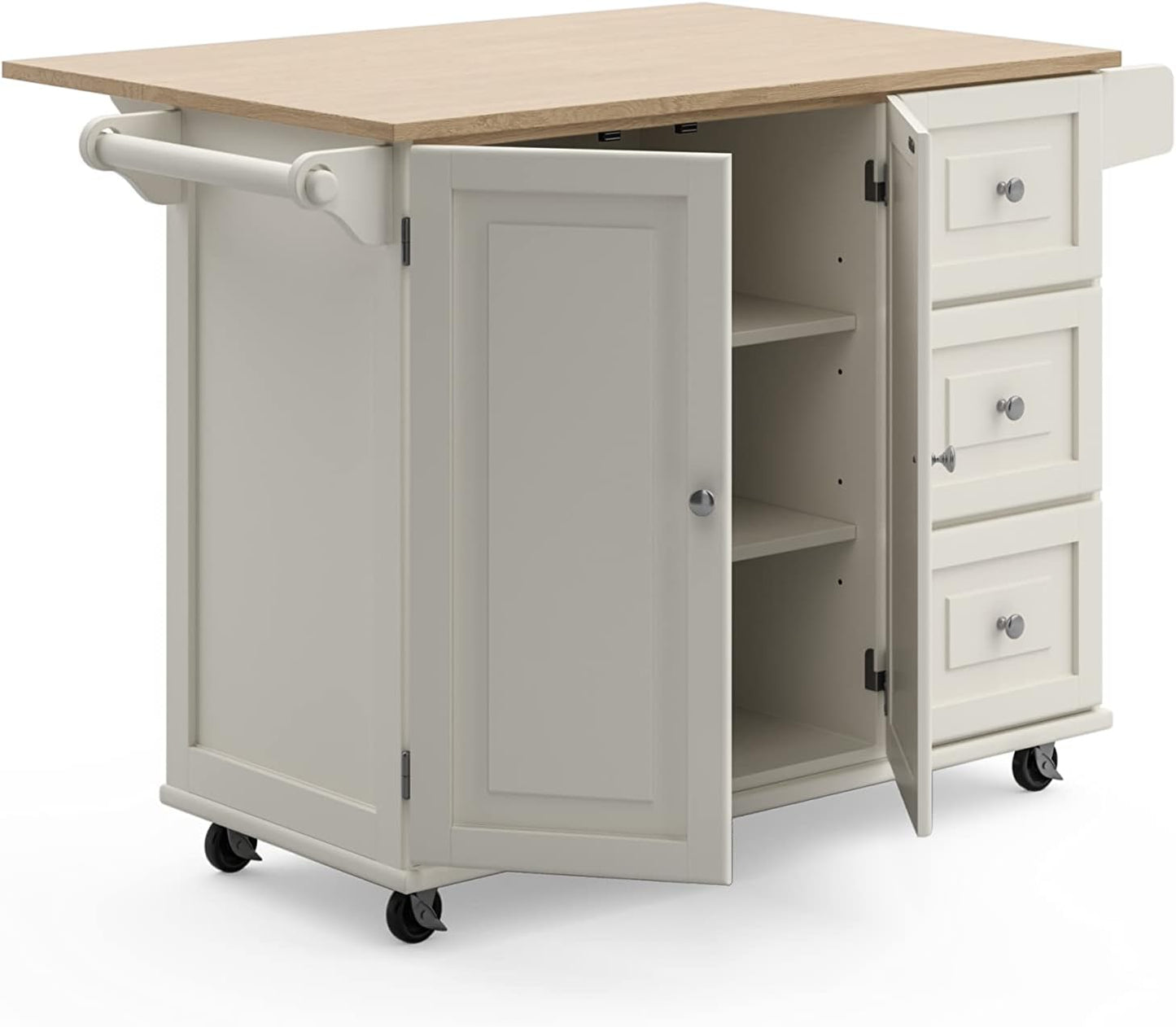 Homestyles Dolly Madison Off-White Mobile Kitchen Island Cart with Wood Drop Leaf Breakfast Bar