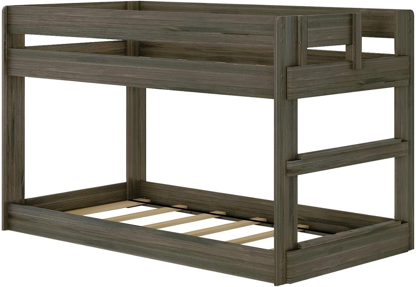 Max & Lily Modern Farmhouse Low Bunk Bed, Twin-Over-Twin Bed Frame For Kids, Barnwood Brown