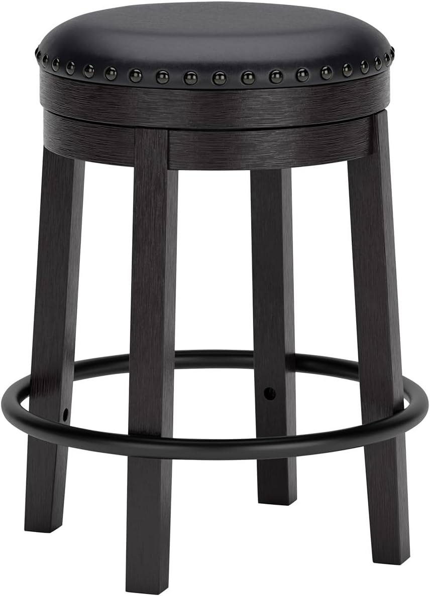 Signature Design by Ashley Valebeck Casual Round Faux Leather Upholstered Backless Counter Height Bar Stool with Footrest and Nailhead Trim, Black