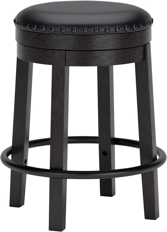 Signature Design by Ashley Valebeck Casual Round Faux Leather Upholstered Backless Counter Height Bar Stool with Footrest and Nailhead Trim, Black
