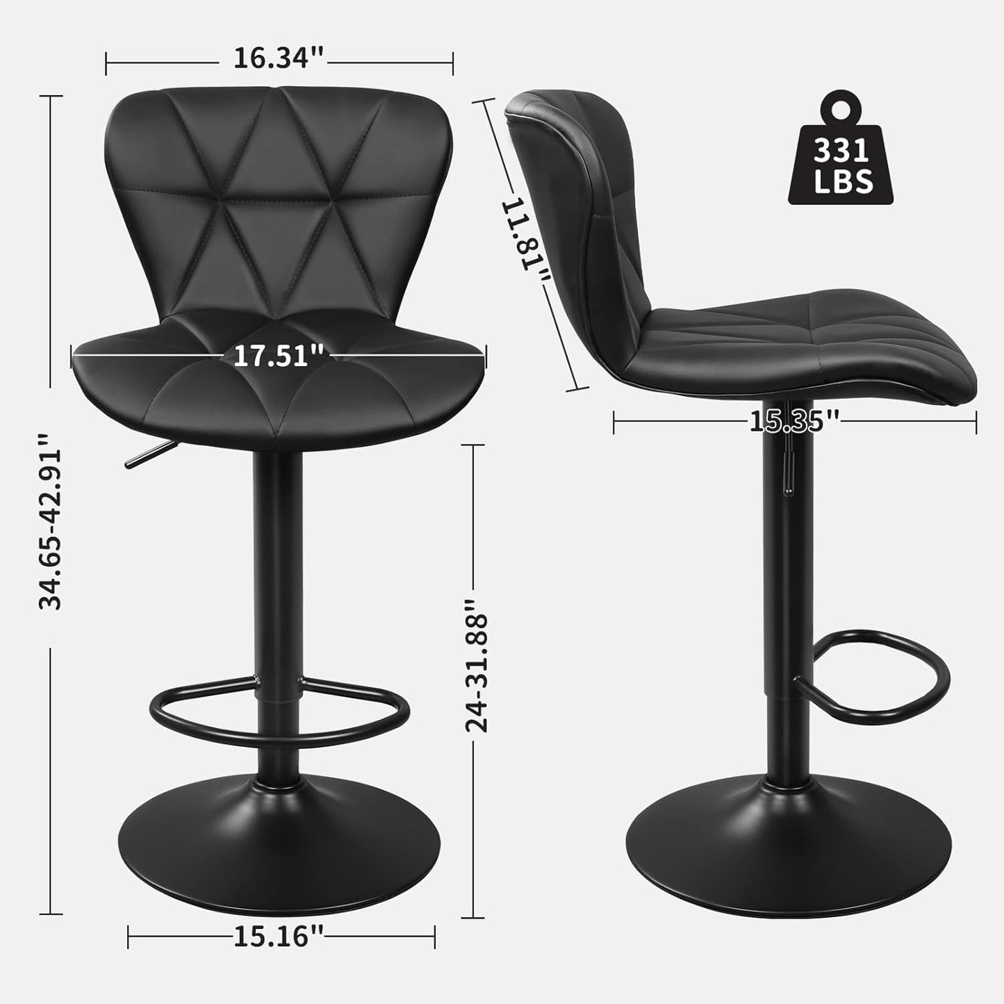 Bar Stools Set of 2, Adjustable Swivel Bar Chairs with Shell Back, PU Leather Counter Height Bar Stools for Kitchen lsland, Black