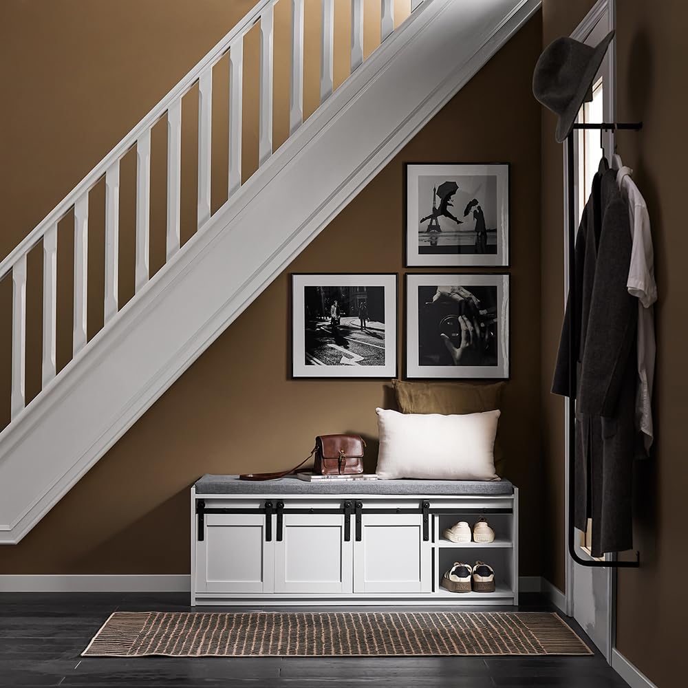 Haotian Industrial Style Shoe Storage Bench, Entryway Hallway Shoe Cabinet, Sliding Barn Doors, Drawer & Padded Seat Cushion, Rustic Window Bench for Mudroom (White) FSR198-W