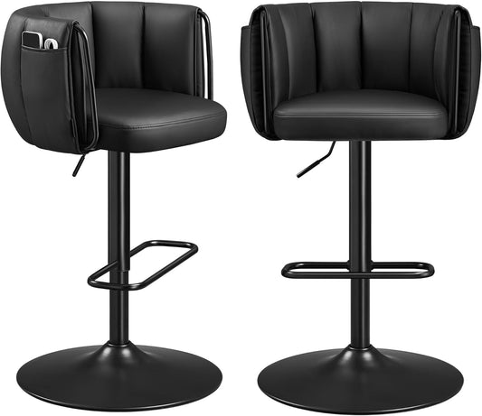SONGMICS Home 360° Swivel Bar Stools Set of 2, Height Adjustable Barstools with Curved Back, Upholstered Counter Bar Stools with Footrest, Large Base, for Kitchen Island, Modern, Ink Black ULJB103B01