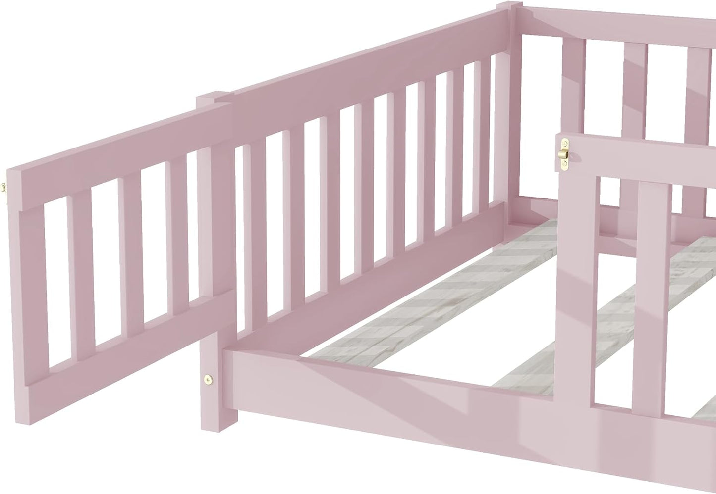 Twin Floor Bed Frame with Slats and Safety Guardrail, Wood Twin Size Montessori Floor Bed with Door and Fence, Easy Assemble Montessori Beds for Kids, Girls, Boys, Pink