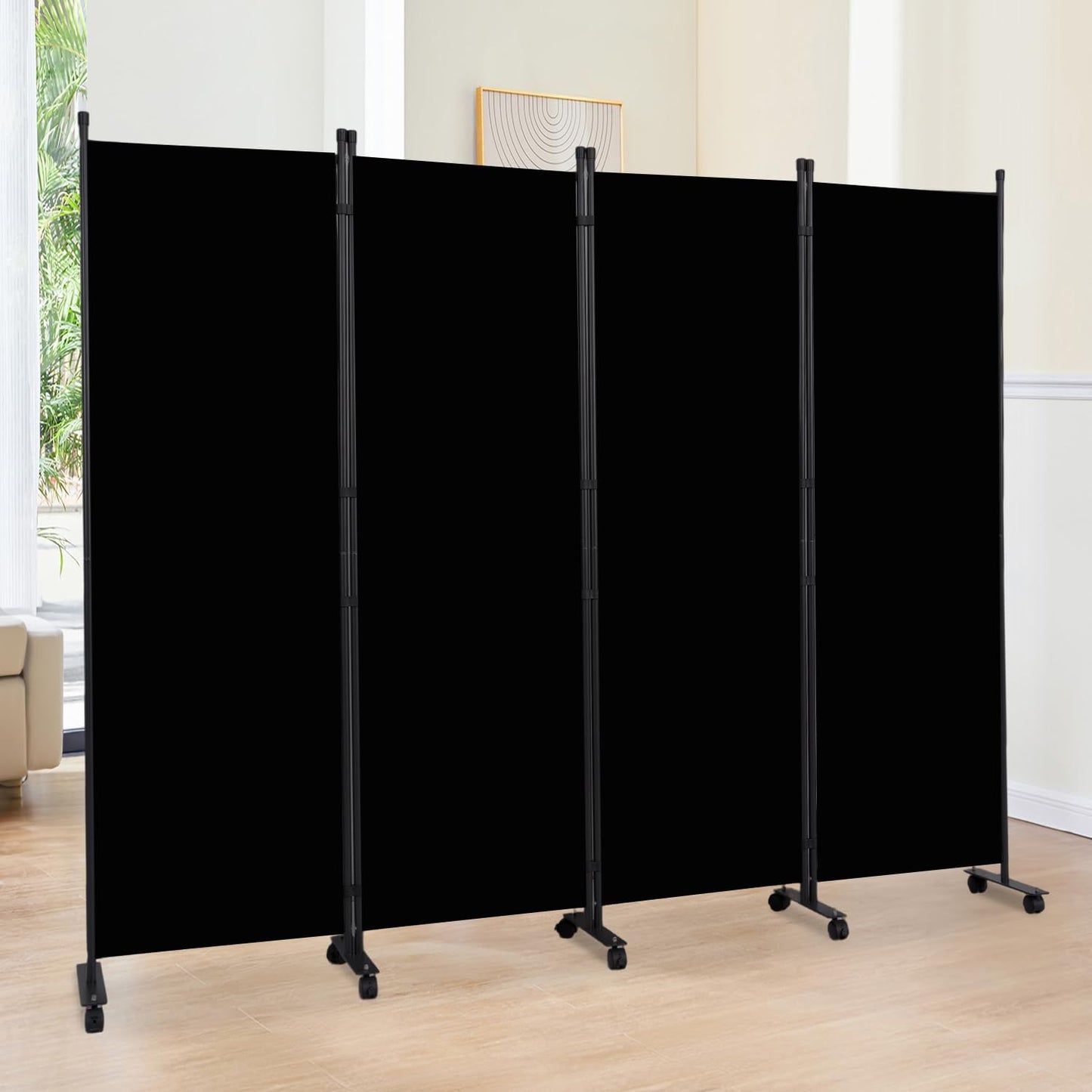 Room Divider 6FT Room Partition with Lockable Wheels,4 Panel (Thicked Metal Base) Room Dividers, Freestanding Indoor Folding Privacy Screens, Portable Fabric Wall Divider for Room Separation, Black
