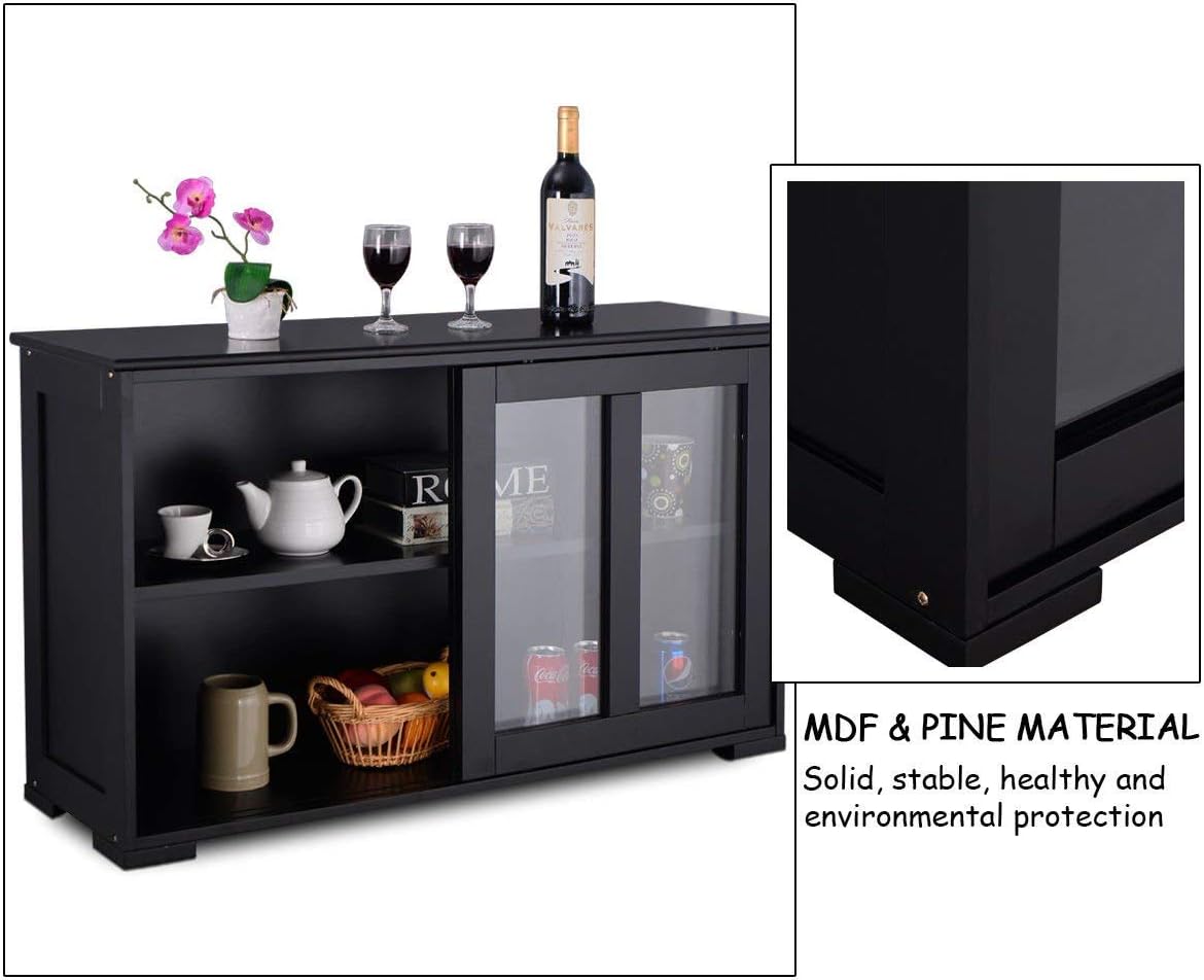 Costzon Kitchen Storage Sideboard, Antique Stackable Cabinet for Home Cupboard Buffet Dining Room (Black Sideboard with Sliding Door Window)