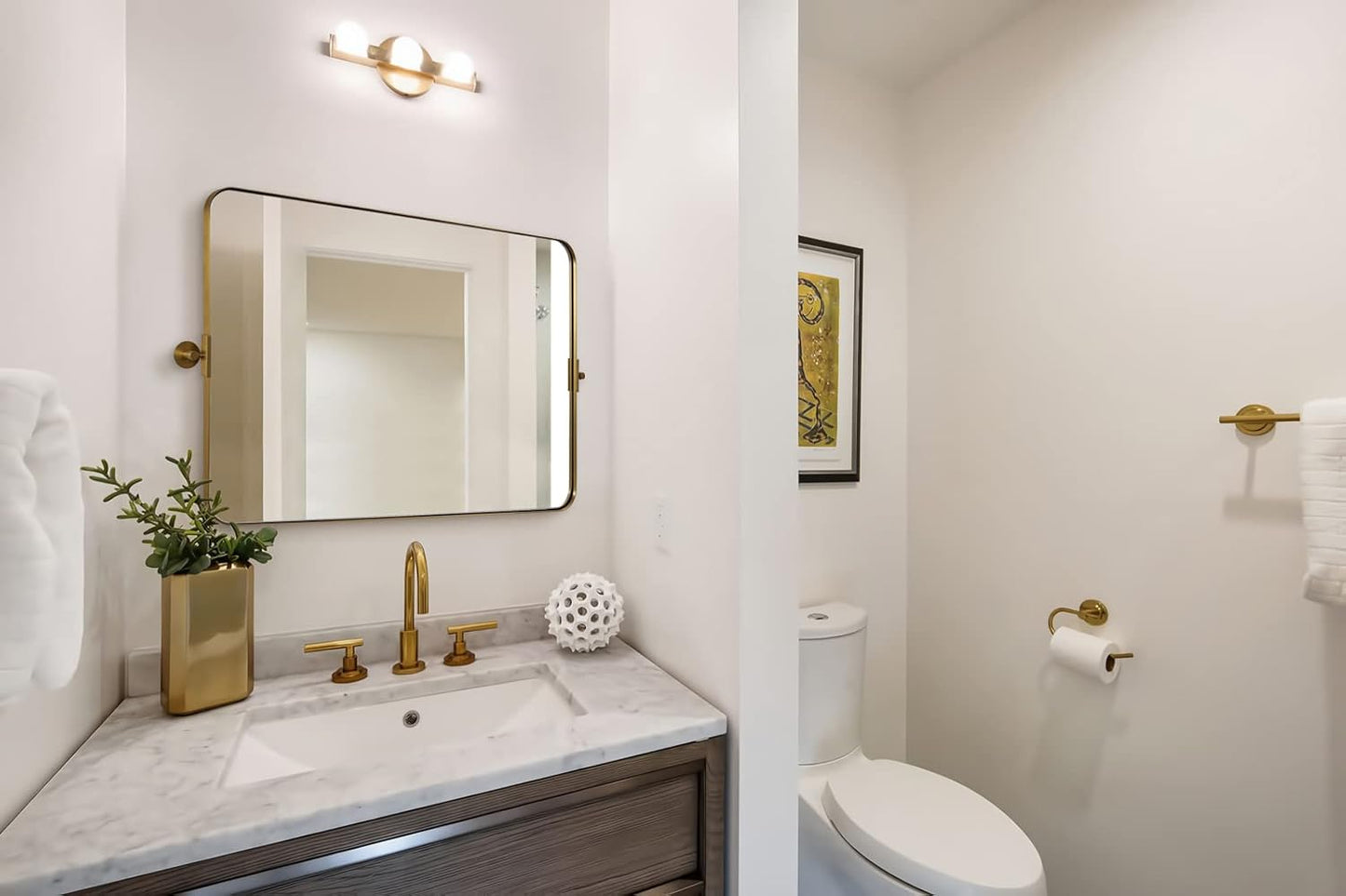 MOON MIRROR 30" x 22" Brushed Gold Rectangle Bathroom Mirror, Tilting Rounded Rectangular Metal Framed Pivot Wall Mirror, Hangs Horizontally Only(Overall 33.75" x 22")