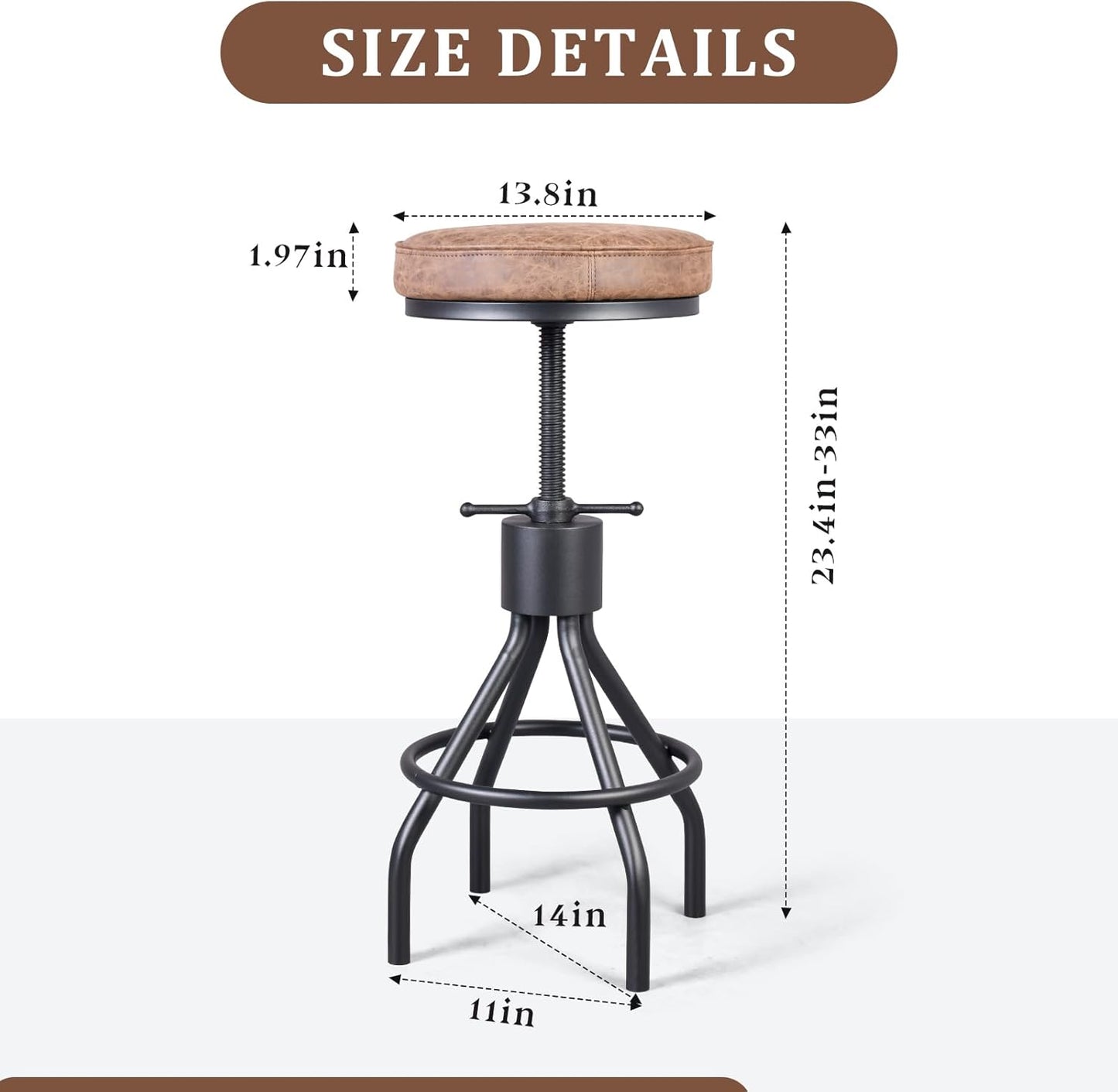 Set of 2-Vintage Bar Stool Swivel PU Leather Seat Kitchen Island Workbench Chair Height Adjustable 23-31 inch